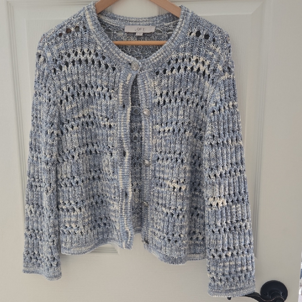 LOFT Blue and White Cardigan Sweater with Open-Weave Design